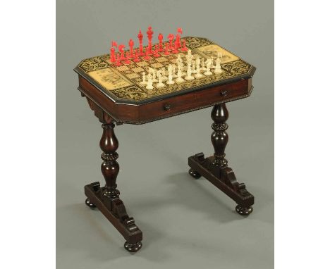 A Regency/William IV rosewood chess table, with penwork top depicting pastoral scenes, fruiting vine and cornucopia and with 