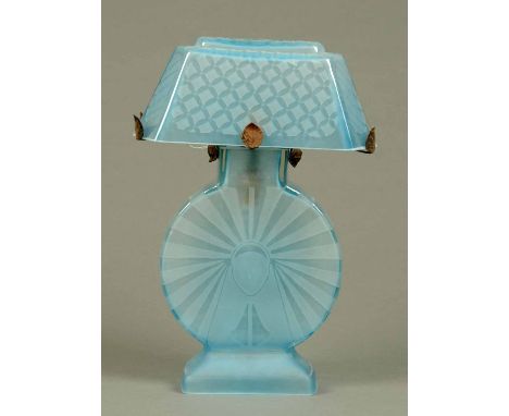 An Art Deco blue glass lamp, signed "F. Legen" to shade.  Height 18 ins (see illustration). 