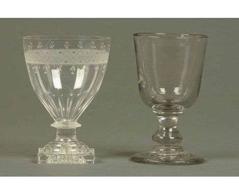 A Georgian glass, with square lemon squeezer base, and an antique ale glass.  Each height approximately 5.25 ins. 