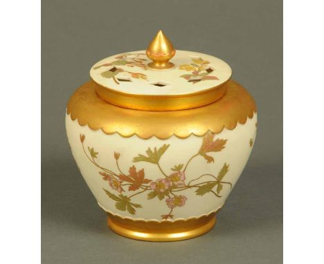 A Royal Worcester pot pourri, painted with flowers heightened with gilding, puce mark to base, Registered No. "102785".  Heig