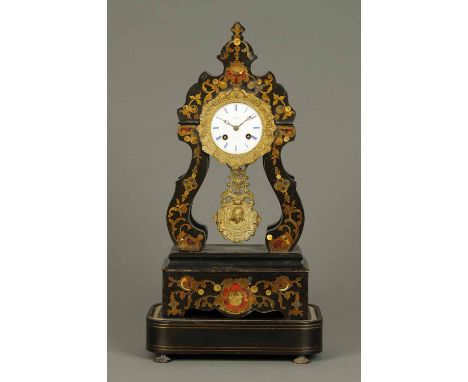 An ebonised and brass strung portico type clock, with enamelled dial and two-train movement and raised on an oval base.  Over
