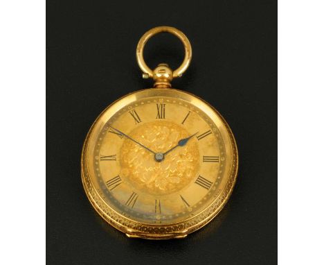 A late 19th century Continental fob watch, stamped "18 k", open face, key wind.  Diameter 37 mm. 