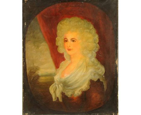 Style of George Romney, oil painting on canvas, portrait of a lady.   30 ins x 25 ins, framed.