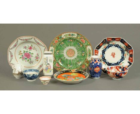 A collection of late 19th and early 20th century Oriental ceramics, including Imari bowl, diameter 4.5 ins, polychrome tea bo