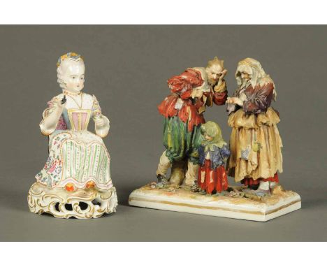 A Continental porcelain figure, seated female, and a porcelain figure group.  Heights respectively 6 ins and 6.5 ins.  CONDIT