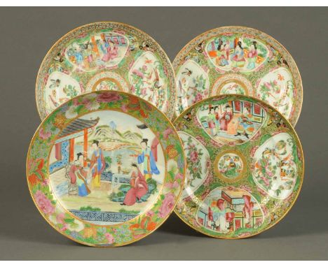 Three 19th century Cantonese plates and a Cantonese bowl, all decorated with figures.  Diameters 8 ins and 8.75 ins. 