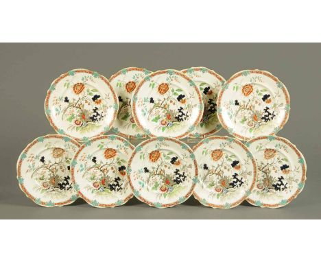 Ten 19th century handcoloured and transfer printed Ironstone plates.  Diameter 9.5 ins. 