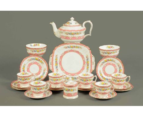 A Crown Staffordshire tea set, decorated with floral sprays, gilding and pink bands, teapot, preserve dish, six cups, saucers