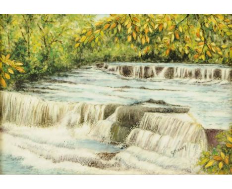 A Royal Worcester bone china plaque, waterfall, signed "G. Moody".  4.75 ins x 6.5 ins, framed. 