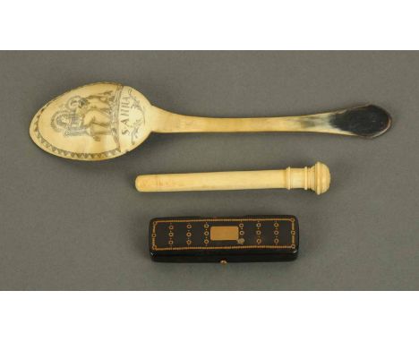 A Continental bone spoon, marked "S. Anna", a 19th century turned bone needle holder and a tortoiseshell moustache comb box. 