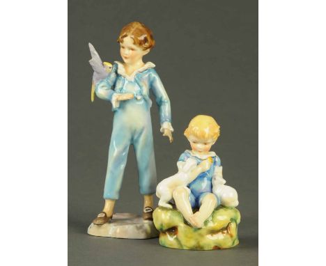 Two Royal Worcester figures, "The Dandelion" and "Parakeet", each modelled by F.G. Doughty.