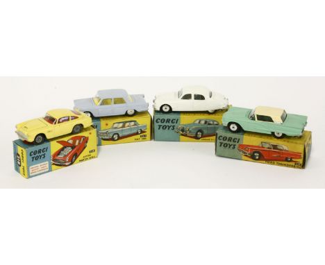 Corgi toys: (208) Jaguar 2.4 litre saloon, (214) Ford Thunderbird in light blue, (217) Fiat 1800, (218) Aston Martin DB4, all