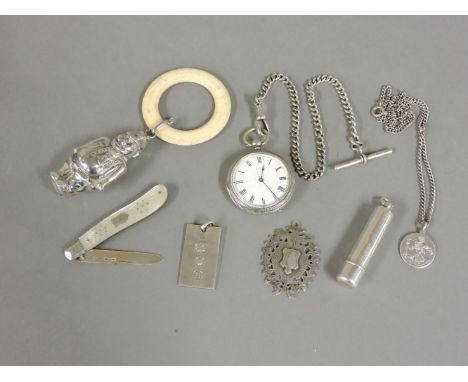 A folding silver fruit knife, an Albert chain and watch, two pendants, a cigarette holder case, and a modern policeman teethi