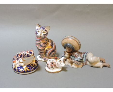 A Lladro figure, 'Mexican Boy and Dog', and three Crown Derby Imari animals, frog, cat and piglet