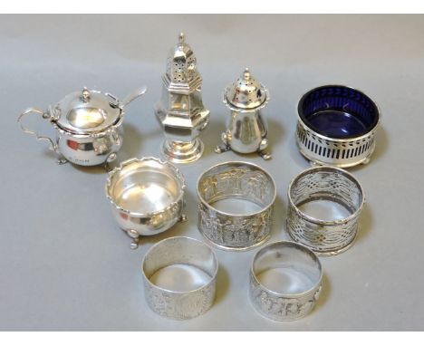 A collection of silver, including a condiment of salt, pepper and mustard, by Mappin & Webb Ltd., Birmingham 1912/17, of circ