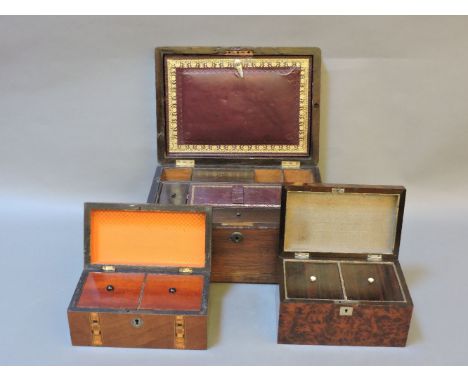 A19th century amboyna tea caddy, inlaid with mother-of-pearl, another caddy and a rosewood workbox