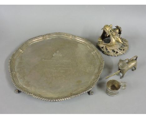 A Garrards silver-plated salver, with military and Indian connection, 1954, a Thai brass dragon's head wall sconce candlestic