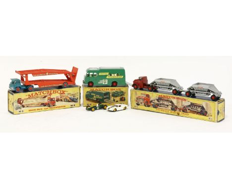 Matchbox toys, K-5 racing car transporter, boxed, M-4 Freuhauf hopper train, boxed, M-8 major pack car transporter (3)