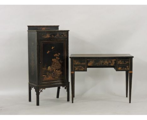 A 1920s black lacquered and chinoiserie decorated desk, 92cm wide, with leatherette inset top, together with a matching bow f