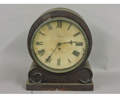 An early Victorian stained pine mantel clock, with painted dial, 46cm high, poor condition