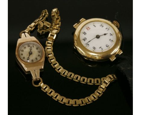 A ladies' 15ct gold mechanical watch, with white enamel dial, and a ladies' 9ct gold mechanical watch on a later rolled gold 