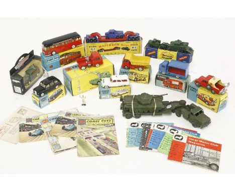 Corgi toys, including ERF (64G) earth dumper, Austin Taxi, a red Karrier Bantham two tonner, two Matchbox Major die cast army