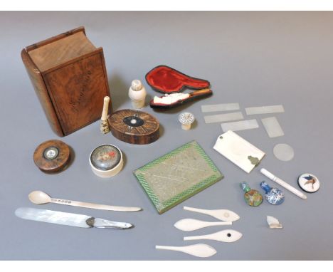 Small ivory items, an inlaid oval box, marquetry card box, bottle holder, mother-of-pearl counters, etc.