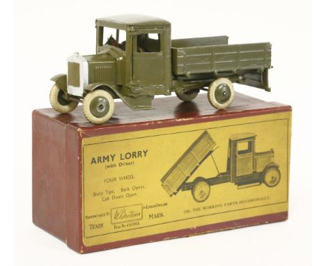 A Britains 'Army Lorry', with driver, No. 1334, in olive green with white tyres, and a Crescent Toys' HM Eagle aircraft carri