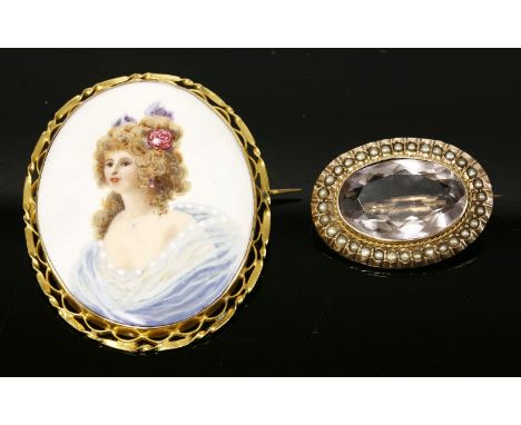 A 9ct gold amethyst and split pearl oval brooch, Chester 1912, and a gold mounted enamel portrait brooch marked 9ct