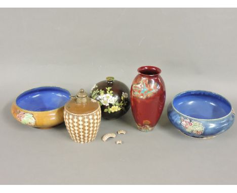 Four Doulton items, two bowls with moulded raised leaves, one impressed 'Lord Desborough Lodge', No. 8200 1935, a flambé vase