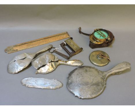 A Baker of London field compass, in leather case, a Persian lock and key, cast iron with engraved brass decoration, a small q