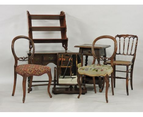 A low table, with burr wood fronted drawers, an oak centre table, a Victorian walnut three tier wall shelf, a pair of rosewoo