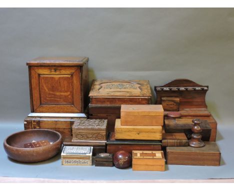 A Victorian mahogany tea caddy, together with a quantity of further boxes and writing slopes, a crib board, and a smoker's ca