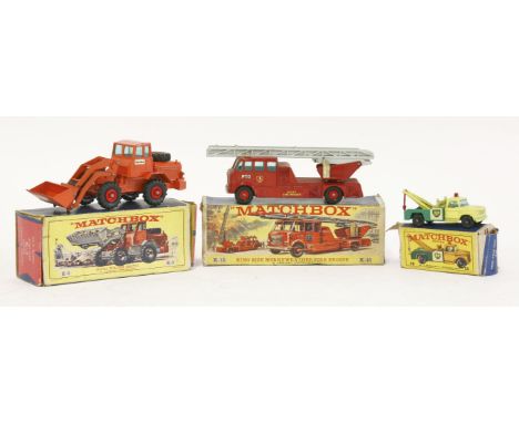 Matchbox toys, K-15 king size Merryweather fire engine, boxed, K-3 Hatra tractor shovel, and a Dodge wreck truck (3)