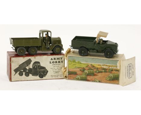 Britains 'Army Lorry' (with driver), six-wheeler, in red box, and another army truck, in printed box, worn (2)