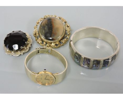 A ladies' gold plated Omega quartz watch, with a silver gilt bracelet, a rolled gold agate Victorian brooch, a sterling silve