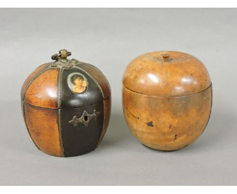 A George III style fruitwood tea caddy, in the form of an apple, 12cm tall split, together with a Continental fruitwood tea c