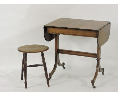 A small mahogany sofa table, 51 x 114cm open, and an elm seat stool