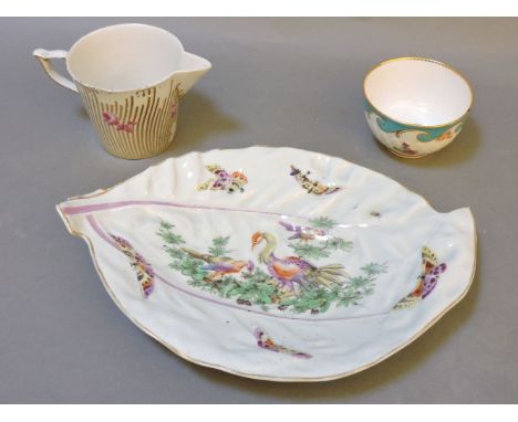 A Chelsea/Derby jug and a tea bowl, both gold, another and a Worcester leaf dish, damage