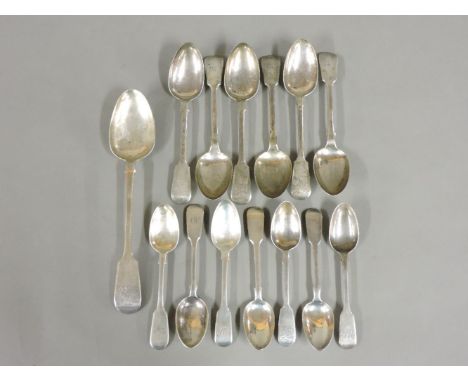 Victorian silver fiddle pattern flatware, various dates and makers, 1849-1851, a tablespoon, six dessert spoons, and seven te