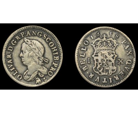 XVII: Copies of Cromwell Coins, Sixpence (or Ninepence), 1658, laureate bust left, liberty cap and anchor below, rev. crowned