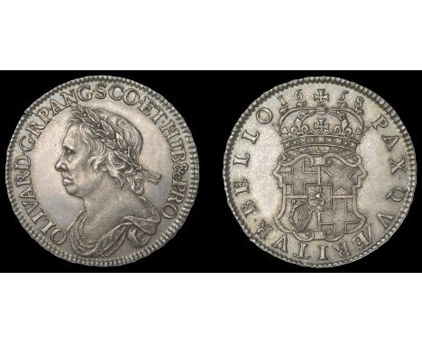 IV: Coins of Oliver Cromwell, Halfcrown, 1658, from the same dies as previous, edge has nisi peritvrvs mihi adimat nemo, 15.0