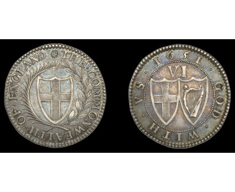 III: Commonwealth Coins of 1651, Patterns, Pattern Sixpence, 1651, by T. Simon and P. Blondeau, in silver, mm. sun on obv. on