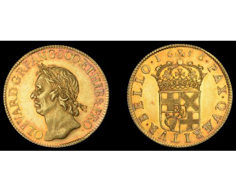 IV: Coins of Oliver Cromwell, Pattern Broad of 20 Shillings, 1656, by T. Simon, in gold, from the same dies as previous, edge
