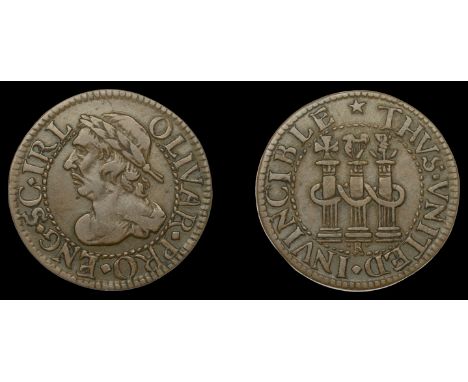 IV: Coins of Oliver Cromwell, Farthing, undated, by D. Ramage, from the same obv. die as previous, rev. thvs vnited invincibl