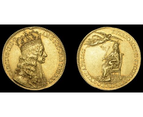 XIII: Medals of Charles II by Simon, Charles II, Coronation, 1661, a struck gold medal by T. Simon, crowned bust right, signe