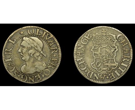 IV: Coins of Oliver Cromwell, Pattern Farthing, undated, by D. Ramage, in silver, laureate bust left, olivar pro eng sc irl, 