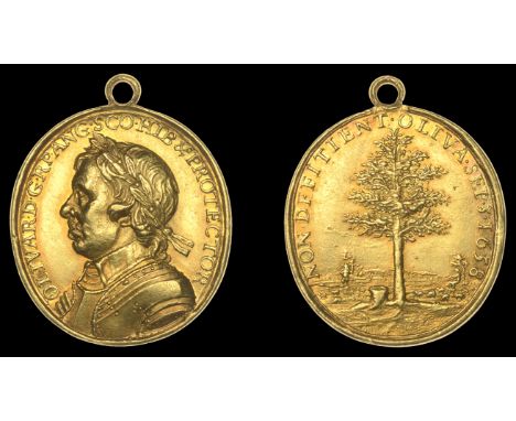 VIII: Original struck gold Medals by Simon, Death of Oliver Cromwell, 1658, a struck gold medal by T. Simon, laureate armoure