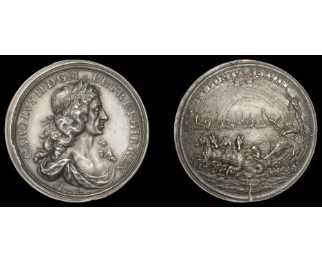 XIII: Medals of Charles II by Simon, Dominion of the Sea, 1665, a struck silver medal by T. Simon, from the same dies as prev