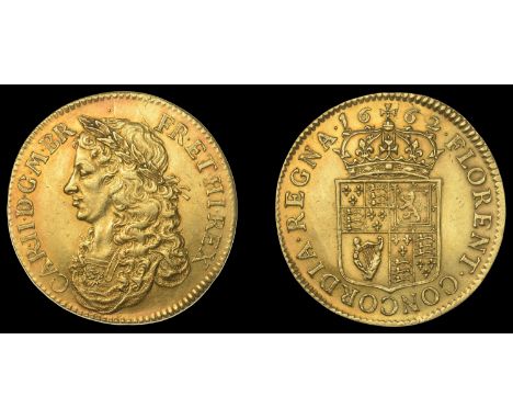 XII: Machine-made Coins of Charles II, Broad, 1662, by T. Simon, in gold, from the same dies as previous, edge plain, 8.85g/1